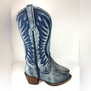 Steve Madden Albany Leather Denim Western Cowboy Boot Size 7.5M